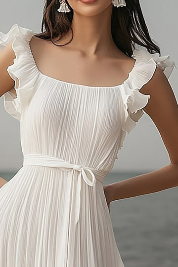 Ivory Pleated A Line Ruffled Graduation Dress With Slit